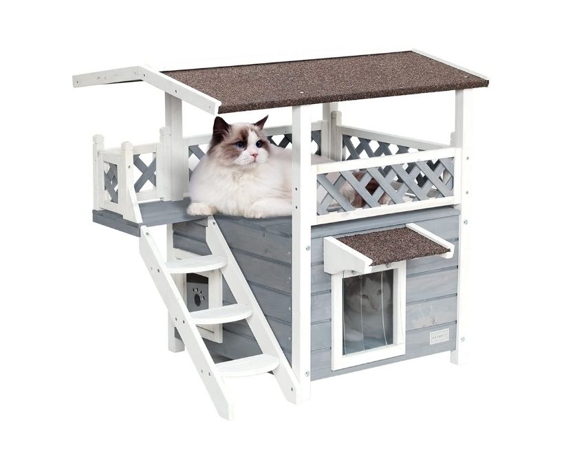 Large Outdoor Cat House with Balcony and Stairs