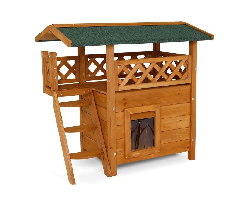 Wooden Lodge 2 Tier Cat House with Terrace and Stairs